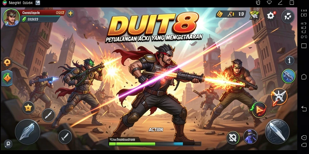 Screenshot utama DUIT8 menampilkan aksi seru di medan tempur.