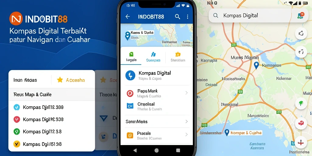 Antarmuka aplikasi INDOBIT88 yang menunjukkan kompas digital dan peta.